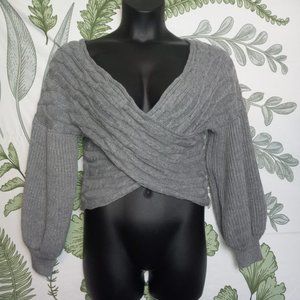 Grey Cable Knit Surplice Front Bubble Sleeve Sweater